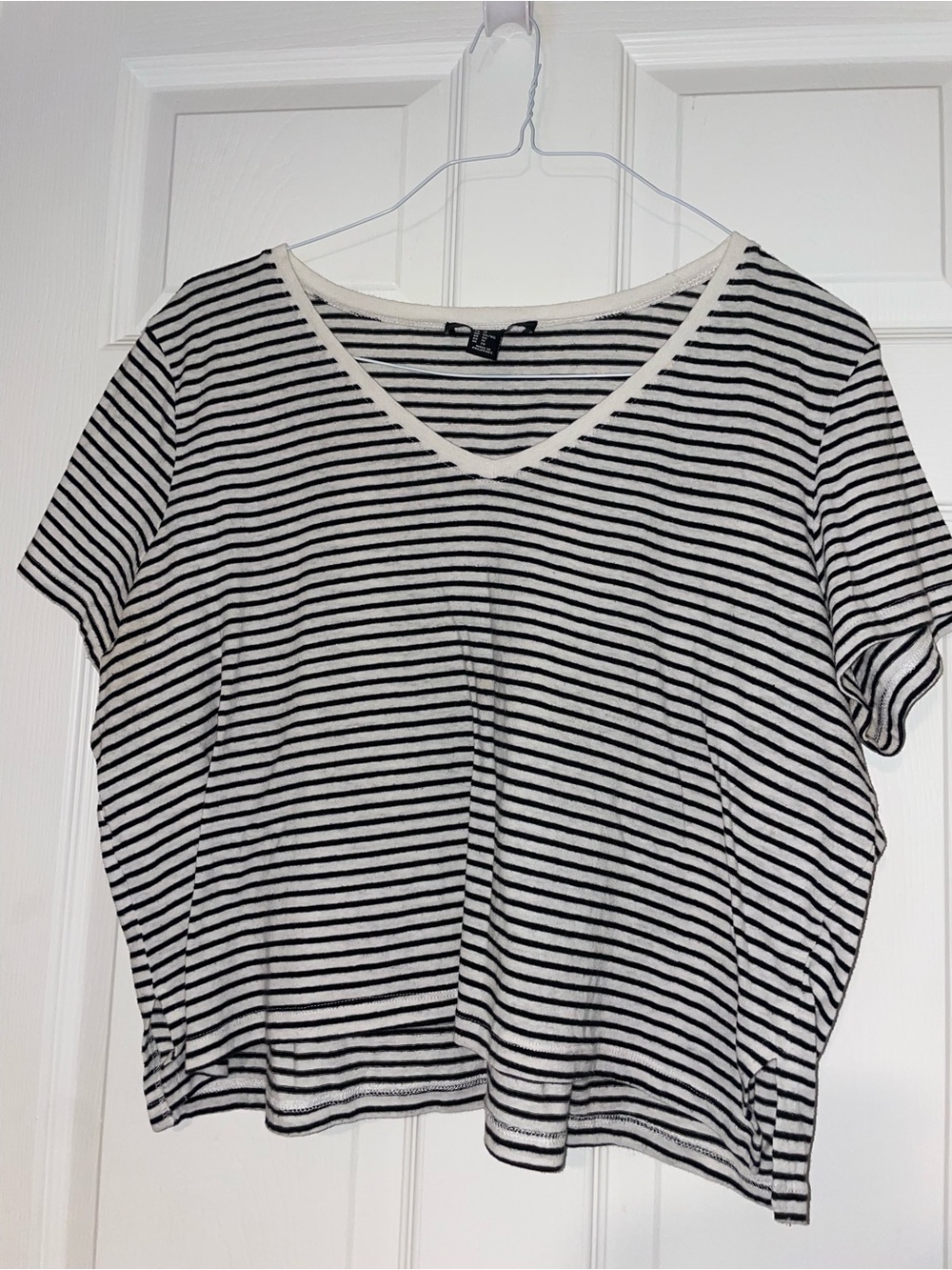 Forever 21 Black and White Striped V-Neck Short Sleeve Tee